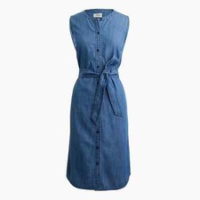 J CREW XS Shirt Dress Chambray Blue Tie Waist Belted Button Front Crew Neck