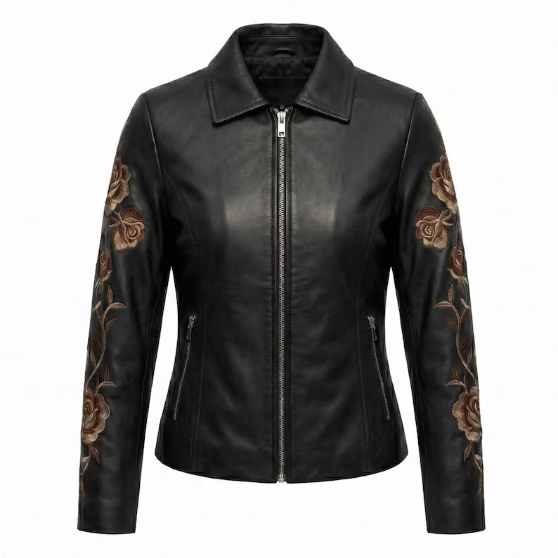 Women’s Handmade Embroidered Leather Jacket, Floral Embroidery Real Leather Pers image 2