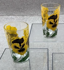 Set of 2 Vintage Boscul Yellow Pansy Peanut Butter Jar Drinking Glass 8 oz Cups
