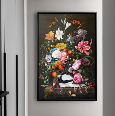 Sneakers und gemalte Blumen Leinwand-Bild, Acrylglas, Poster. Wandbild Kunst