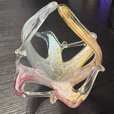 Murano Italian Hand Blown Art Free Form Glass Split Handle Basket Vintage