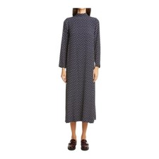 Ganni Heart Print Polka Crepe Long Sleeve Midi Dress Navy Blue EU 38/US 6
