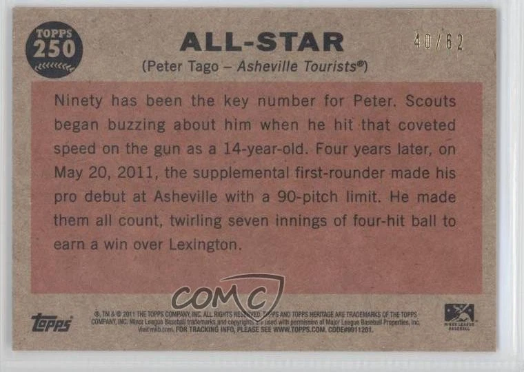 2011 Topps Heritage Minor League Edition Black Border /62 Peter Tago #250 - Image 2 of 2