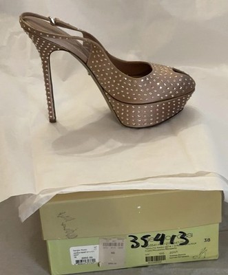 NIB Sergio Rossi Rose Gold Diamond Peep-Toe Slingback Heels Size EU 39 Dustbag