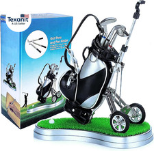 Golf Pen Holder with 3 Club Pens and Movable Golf Cart, Mini Golf Bag Desk Decor