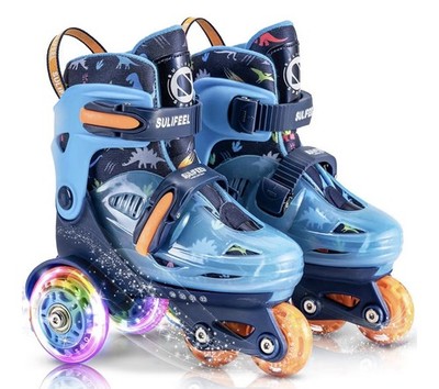 SULIFEEL Kids Adjustable Roller Skates LED Light Up Flash Wheels Size XS Dino