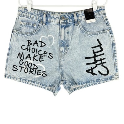 FB Sister Women's Blue Denim Shorts Size XL Text-Print Zip Closure 5-Pockets NWT