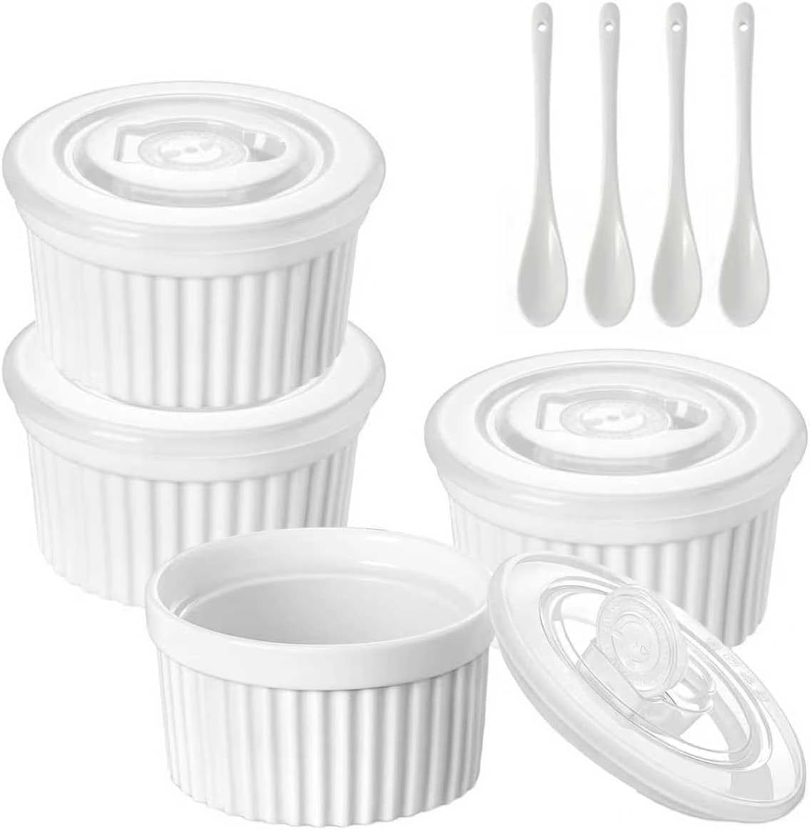8 oz Porcelain Ramekins Set with Lid, 4 Pack Porcelain Creme Brulee Souffle Dis