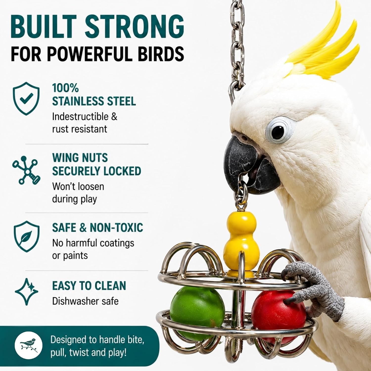 Bird Toys for Large Birds (Impossiball) Stainless Steel Foraging Treat Dispenser - Thumbnail 7