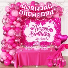 Pink Birthday Party Decorations for girls,Birthday Banner,Pink Backdrop,Hot Pink