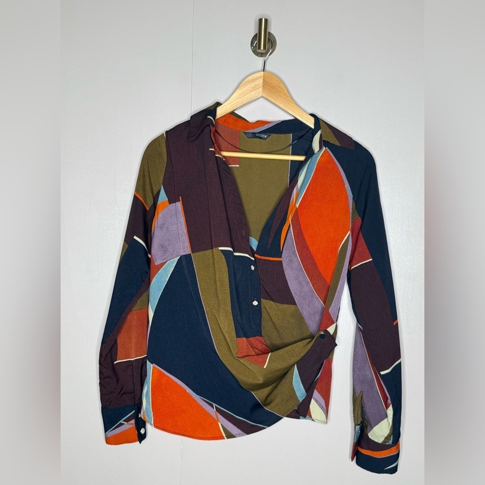 Zara Abstract Geometric Wrap Blouse Small Earth Tone Long Sleeve Asymmetrical