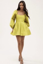 Anthropologie BHLDN Sage Balloon Puff-Sleeve Fit & Flare Mini Dress Chartreuse