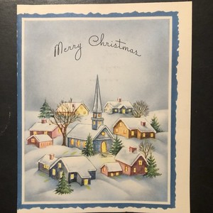 Vtg Christmas Greeting Card Little Snow Covered Village W/Church In Center