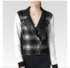 Paige Shelly Wool Blend Lamb Leather Jacket, Black White Grey, Size M