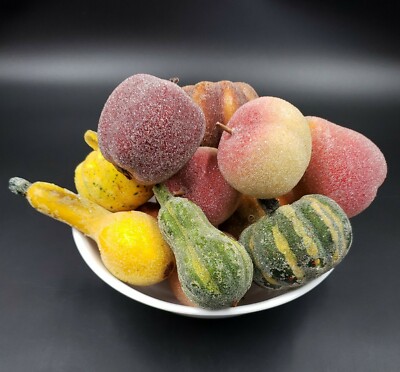 Fall Decor Faux Fruit Lot of 14 Vtg Sugared Beaded Gourd Apple Pear Peach Orange