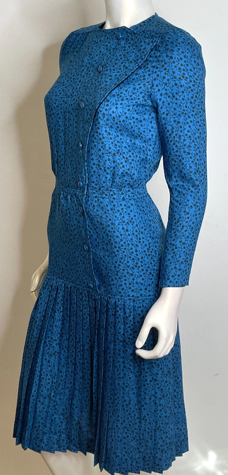 Abito Vintage Valentino Boutique Blu Floreale Lana 10 Gonna Pieghettata LS Bottone Fnt