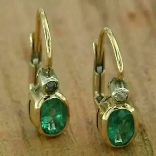 3Ct Oval Cut Lab-Created Green Emerald Drop Dangle Earrings 14K Yellow Gold Over - Picture 3 of 3