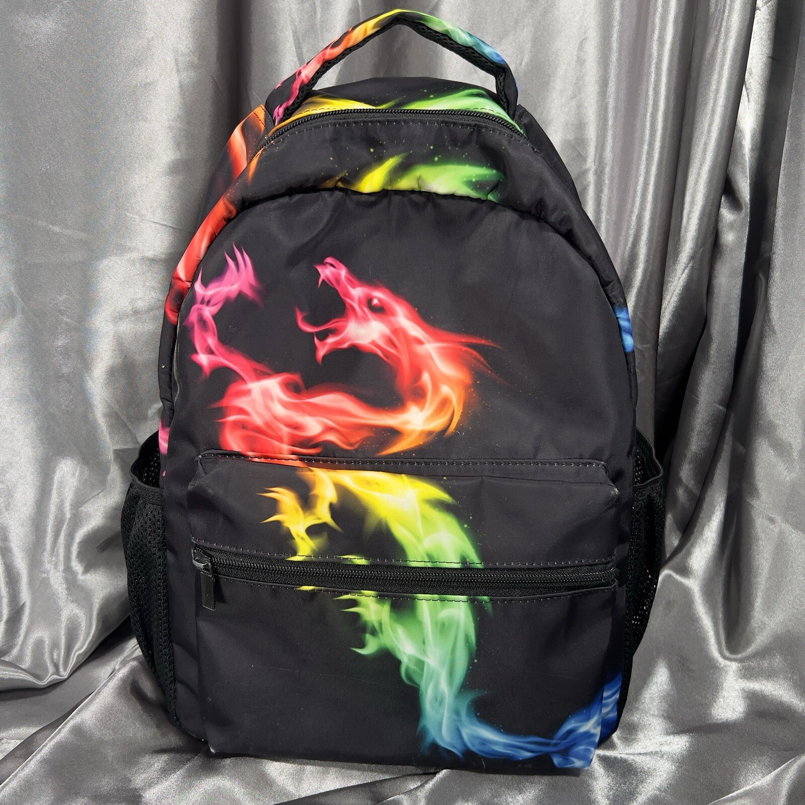 Dragon Fire Backpack Black Rainbow Book Bag Kids Elementary School Flames Travel