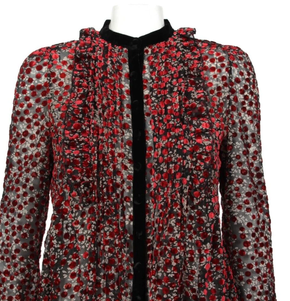 THE KOOPLES Black Red Velvet Dot Floral Sheer Goth Mini Ruffle Dress sz XS /786 - Image 2 of 4