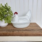 Vtg 6" High Westmoreland Milk Glass Hen on Nest Covered Dish, Red Comb and Eyes