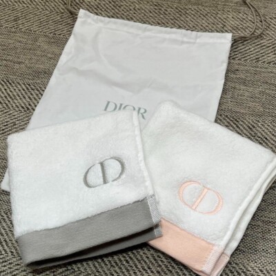 Christian Dior Mini Pouch & 2Hand Towel Set White Pink Grey Logo