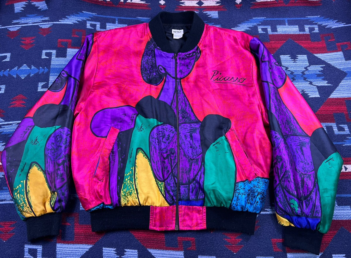 Vintage PICASSO Jacket Abstract Art 90s Silk Satin Bomber All Over Print Sz  L/XL