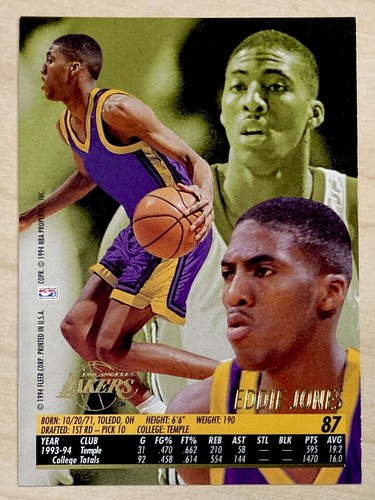 EDDIE JONES RC - 1994-95 Fleer Ultra #87 - LOS ANGELES LAKERS - Picture 2 of 2