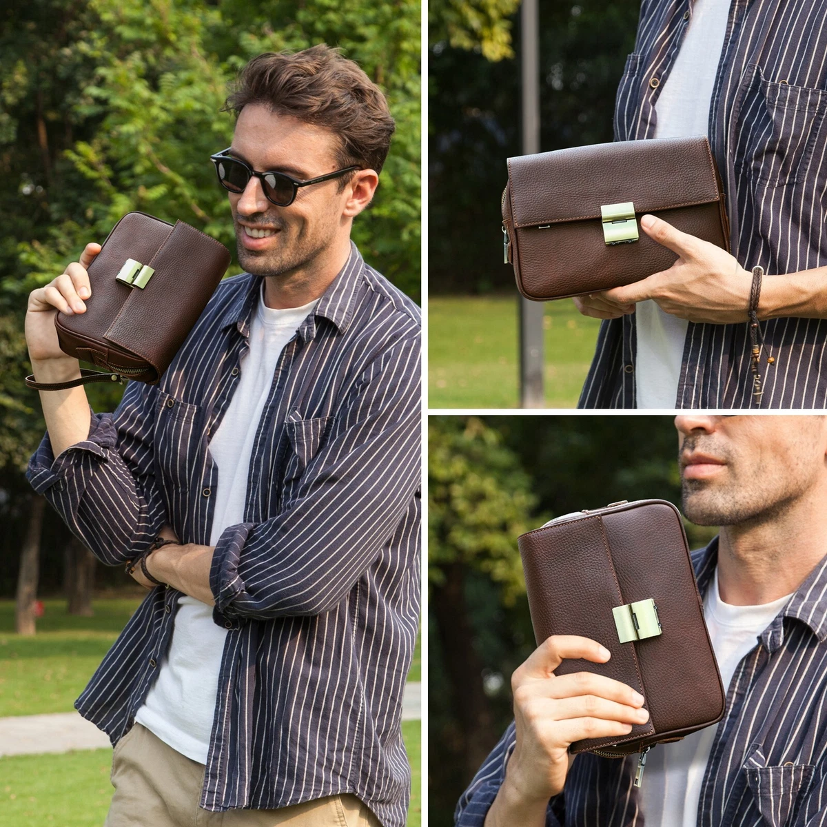 Homme Cuir Sac Pochette Main Portefeuille Porte 6 Cartes Serrure