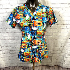Peaches Size Meduim Multi Color Jack-O-Lantern Ghost W V Neck Pockets Scrub Top