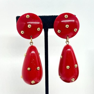 Vintage D alessio Clip On Earrings Red Studded Plastic Statement Deadstock