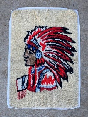 70s Native American Chief Latch Hook Rug Wall Hanging Vintage