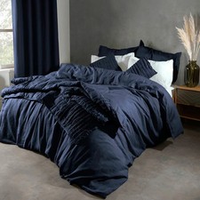 Image of Lazy Linen 100% Washed Navy Linen Duvet Cover Set in 3 Sizes - Breathable Linen