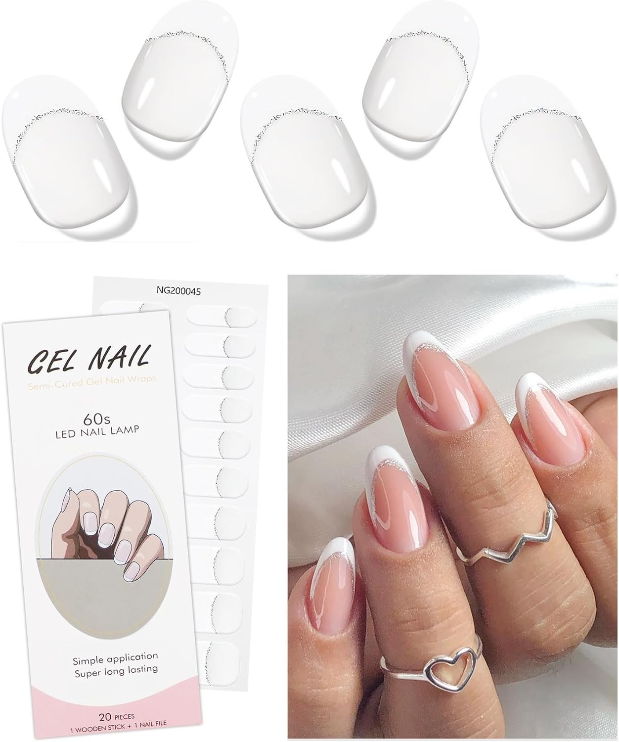JMEOWIO Gel Nail Stickers White French Tip Transparent Semi-Cured Strips Wraps