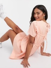 ASOS Design Babydoll Denim Plus Size Smock Pink Dress Coral Peach Open Tie Back