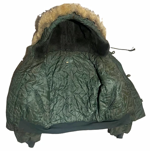 Vtg 80s Very stained Civ N-2B sage green Bomber Jacket heavy attached Hood Sz XL image 3