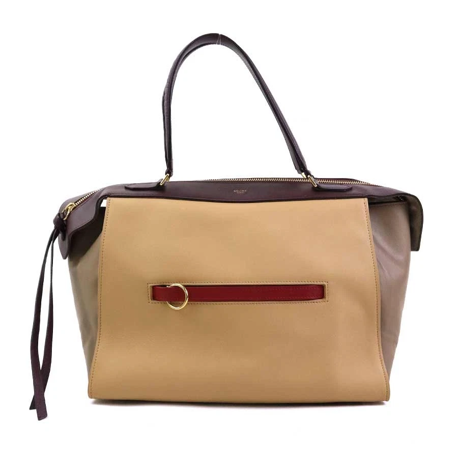 Celine — Auth CELINE Small Ring Handbag Beige/Burgundy Leather/Goldtone - h31334g