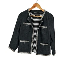 Talbots Womens Dark Denim Trim Collarless Jacket Blazer Petite 12P