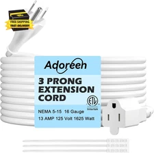 Power Extension Cord 2 Ft White, Seamless One-Piece Molded Plug 3 Prong 16 AWG G