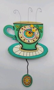 Allen Designs Whimsical Wall Clock Sunny Cup Coffee w/ Pendulum EUC Tested Works