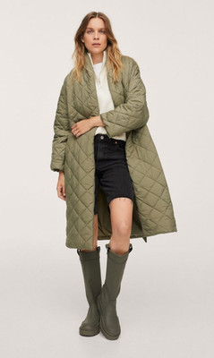 MANGO WOMAN LONG BELTED Green Quilted Design Crossover Oversize Coat Size Medium