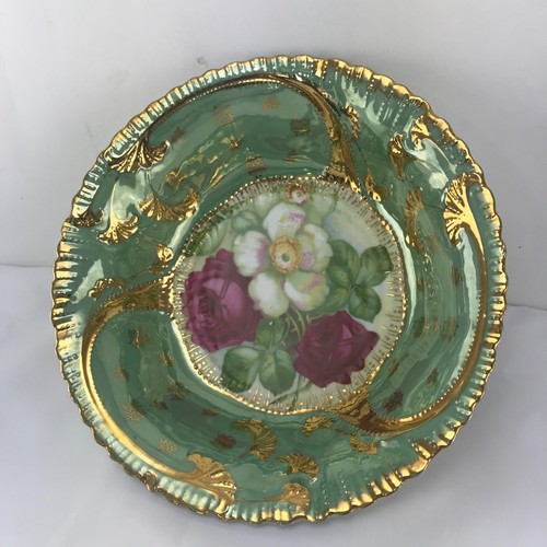 Vintage Germany Porcelain Scalloped Bowl with Roses Floral Gold Blue Lustre Edge - Picture 6 of 11