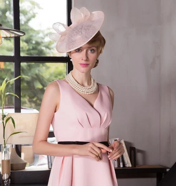 Mujer Kentucky Derby Iglesia Boda Noble Vestido Lino Pluma Sinamay Sombrero VVV Foto 3 de 4