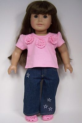 PINK Flower Shirt-Top Denim Star Jeans Doll Clothes For 18 American Girl (Debs*)