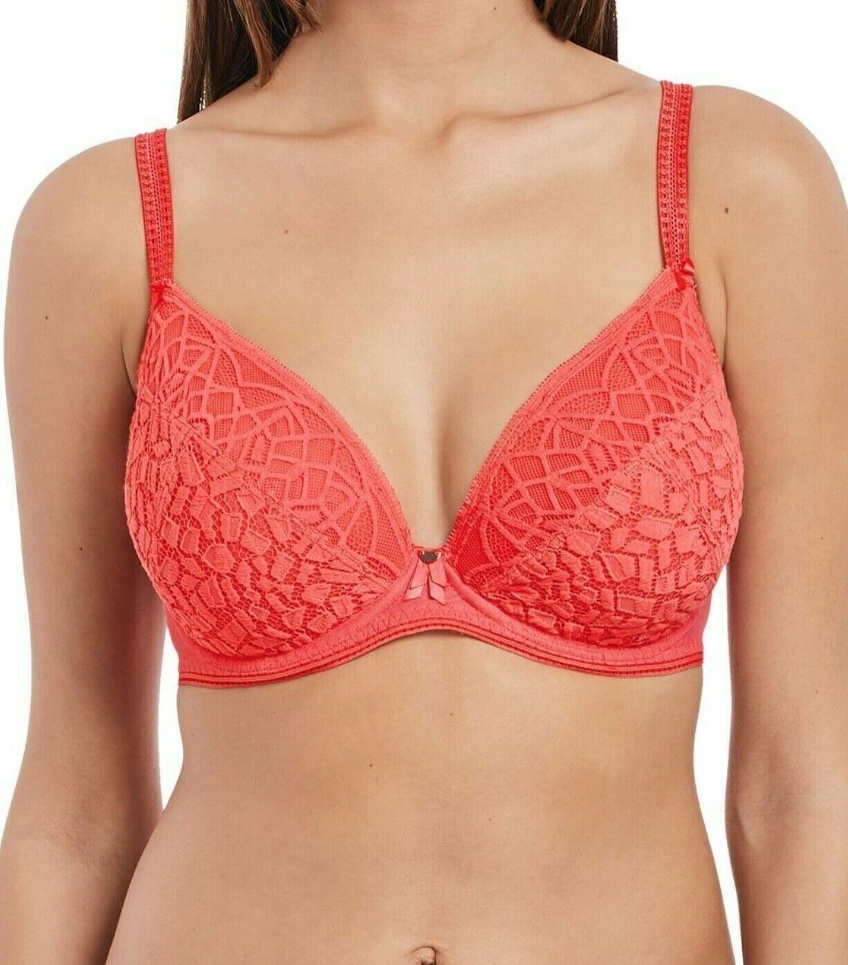 Freya Soiree Lace Bra Coral Orange Size 30G Underwired Padded Plunge 5013 New