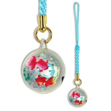 Japanese Netsuke Keychain Phone Charm Bell Pearl Red Pink Goldfish Made in Japan