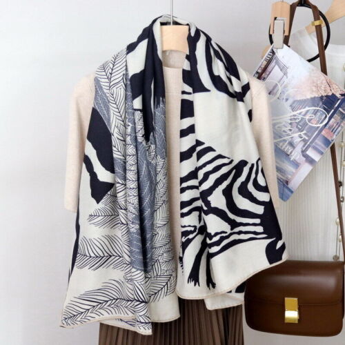 Feather Zebra Print 70% Cashmere & 30% Silk Wrap Scarf Double Face Shawl 53" - Picture 1 of 41