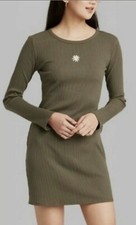 Wild Fable Embroidered Long Sleeve Bodycon pullover Ribbed Dress Olive size M