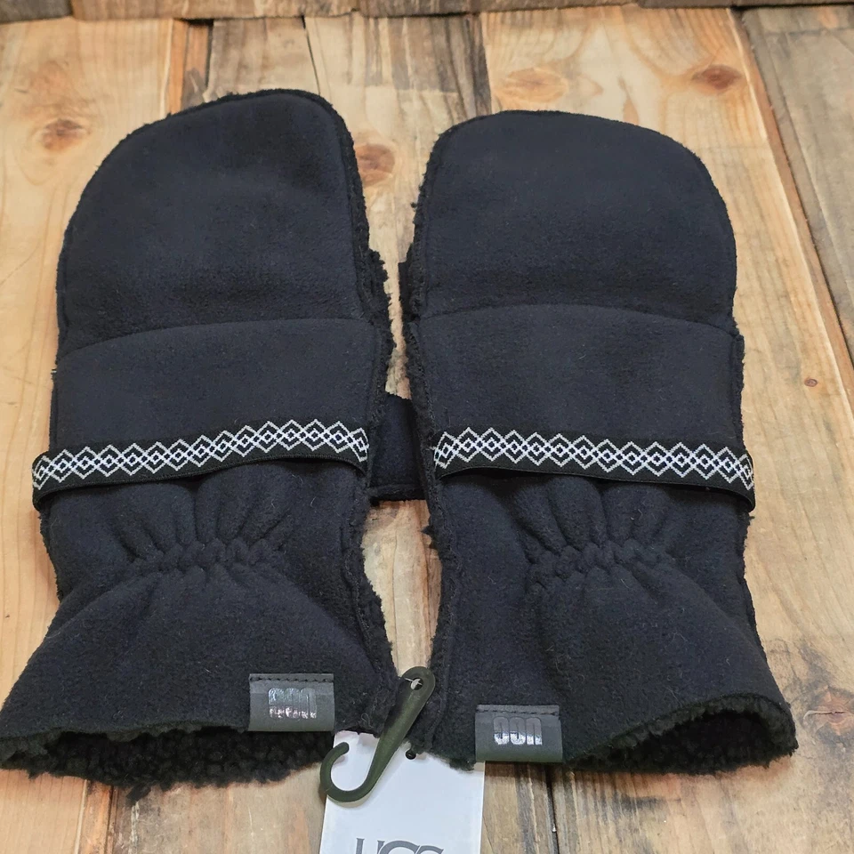 UGG KNIT FLUFF FLEECE FLIP MITTEN MENS L/XL CONVERTIBLE GLOVE ~ BLACK Foto 3 de 4