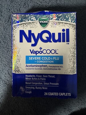 VICKS NYQIL VAPOCOOL SEVERE COLD & FLU + CONGESTION 24 COATED CAPLETS EXP: 4/25