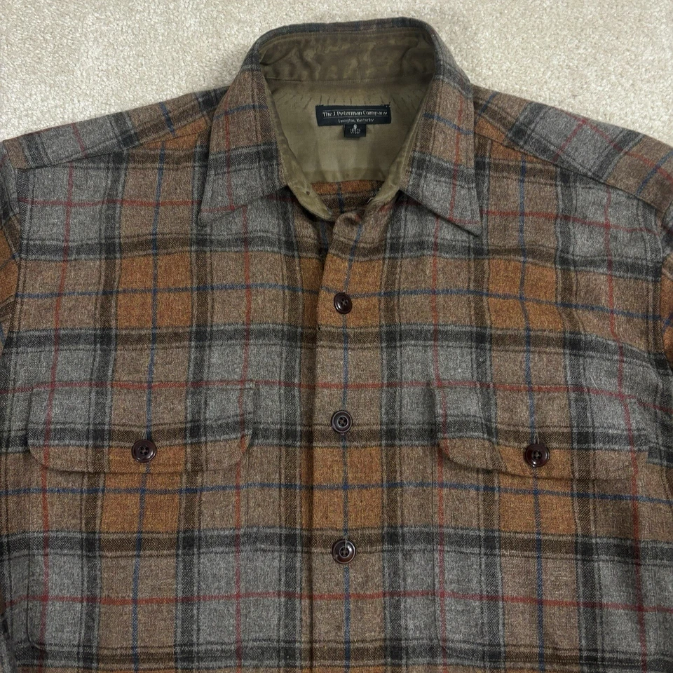 Camisa de Lana J Peterman Para Hombres Pequeña Marrón A Cuadros Abotonada Cuello de Franela Naranja De Colección Foto 2 de 4